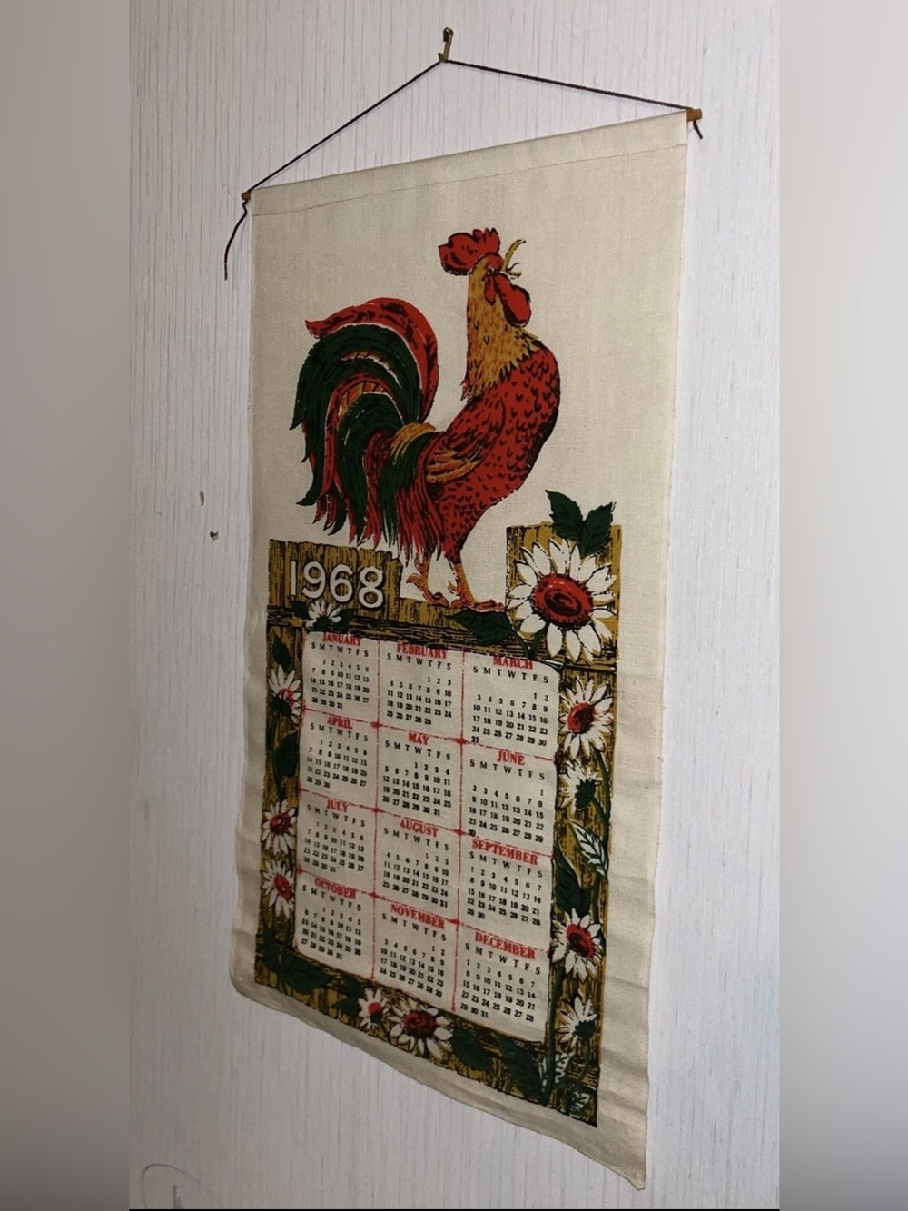 1968 Rooster Calendar Wall Hanging - Red, Green, Cream tapestry